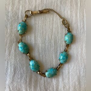 Faux Turquoise Blue Marbled Vintage Bracelet‎ w/ Safety Chain